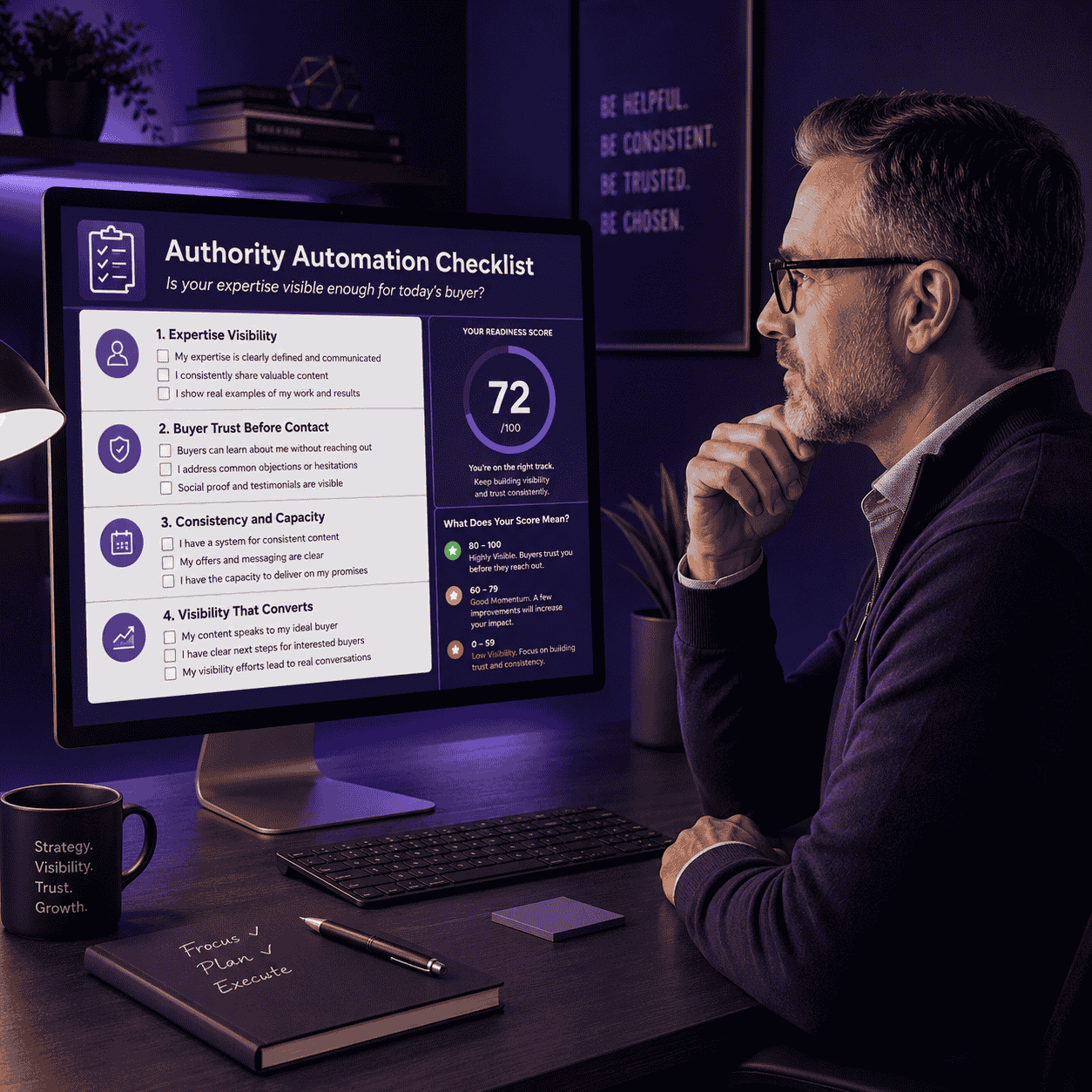 Man in glasses studies a large monitor displaying an 'Authority Automation Checklist' on a dark desk setup with purple lighting.