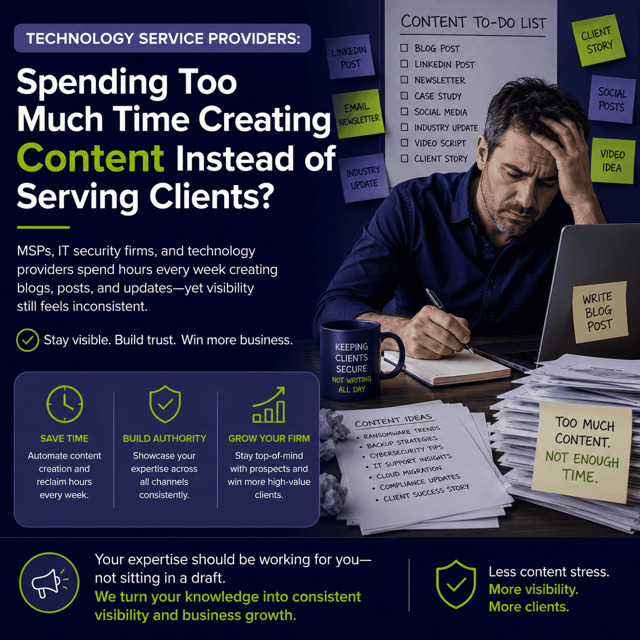 Infographic for tech service providers: a stressed man at a desk with a content-to-do list and sticky notes, promoting time-saving content strategies.