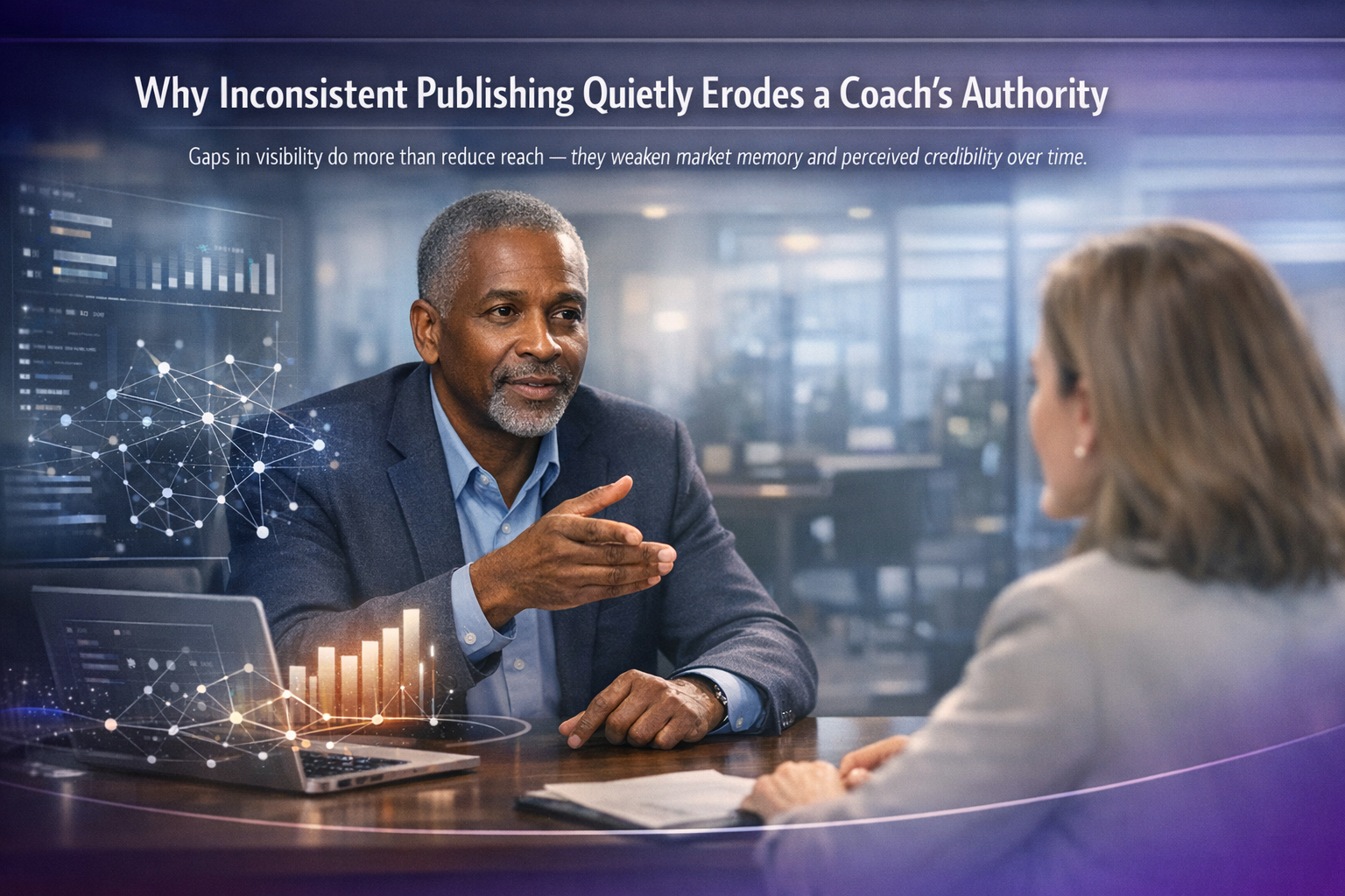A professional man explains a concept about publishing consistency eroding a coach's authority to a woman across a desk, with holographic data visuals and a laptop showing charts in the background.