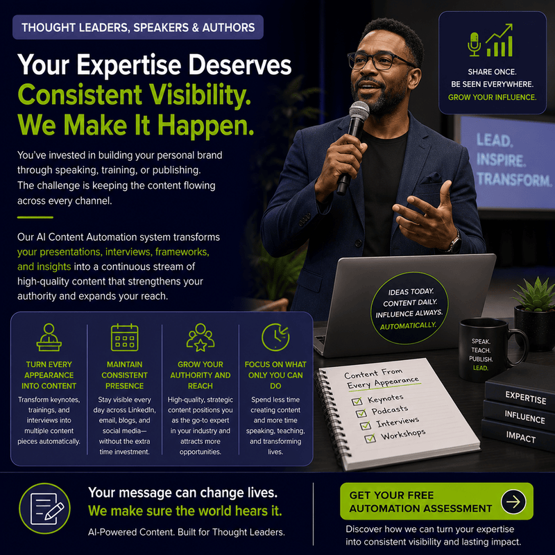 Promotional banner with a man speaking into a microphone beside a laptop; bold green headline about consistent visibility for thought leaders.