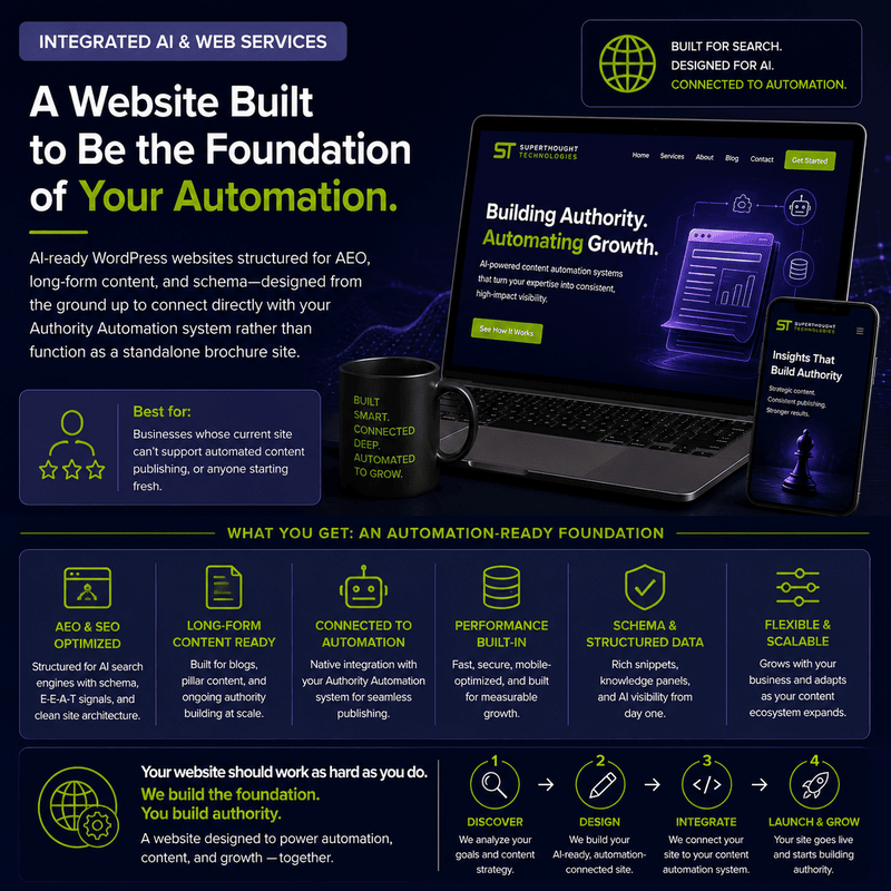 Infographic promoting an automation-ready website foundation with a laptop, tablet, phone, and coffee mug on a dark blue background.