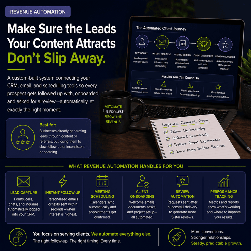 Advertising banner for Revenue Automation: 'Make Sure the Leads Your Content Attracts Don’t Slip Away' with laptop screen and notebook on a desk in dark office lighting.